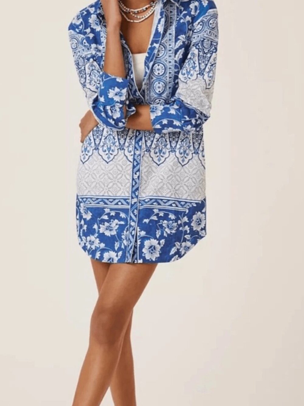 Anthropologie Dress Midi Printed V Neck Button Front Shirtdress Blue NWT Small